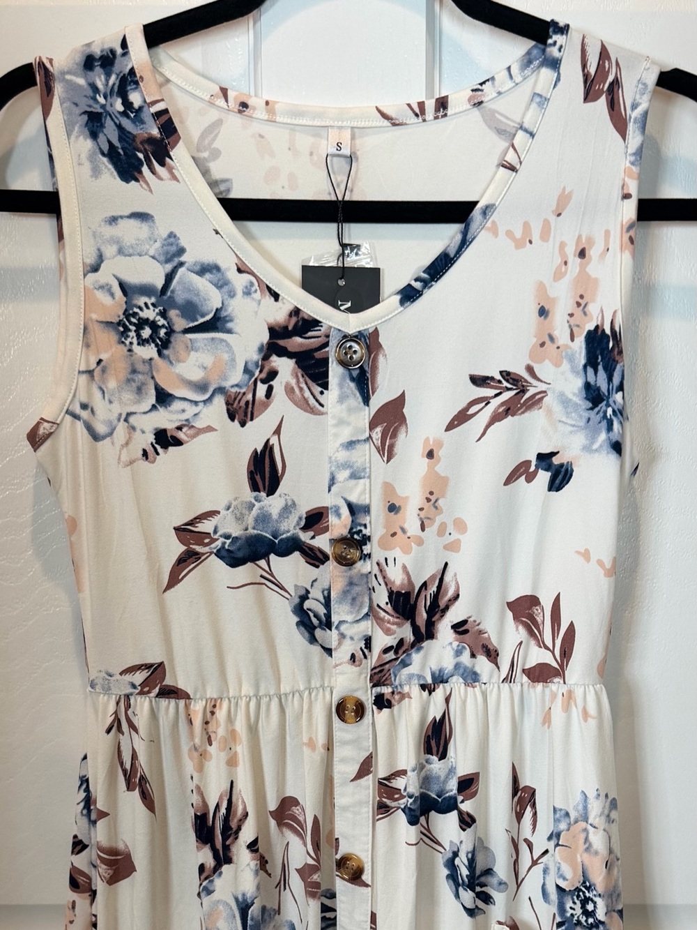 Sleeveless Floral Midi Dress in Cream with Blue and Blush Floral Print